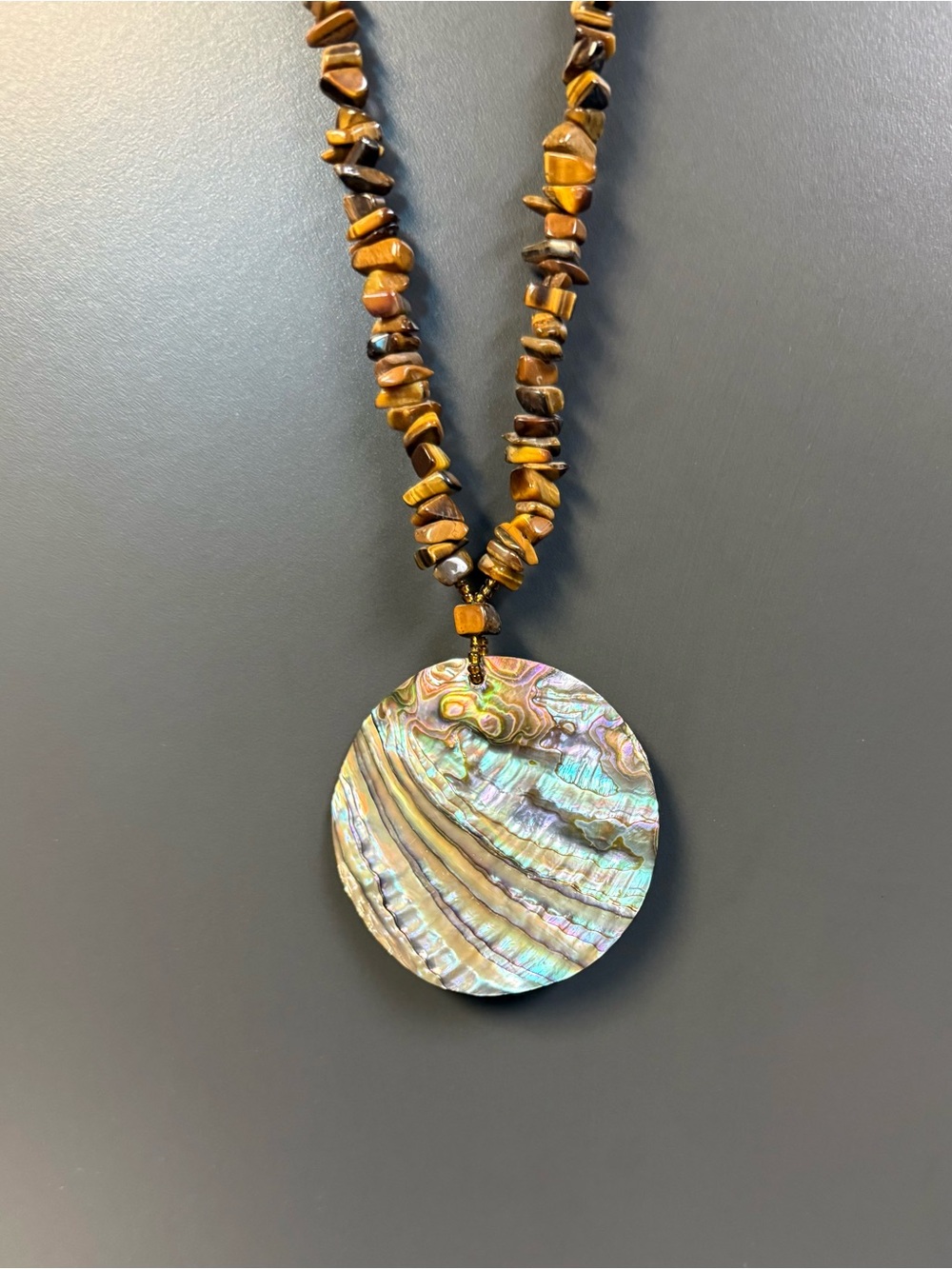 Tiger Eye Beaded Necklace with Large Abalone Shell Pendant